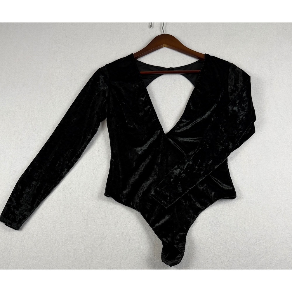 Victoria's Secret Black Crushed Velvet Long Sleeve Open Back Bodysuit M/L